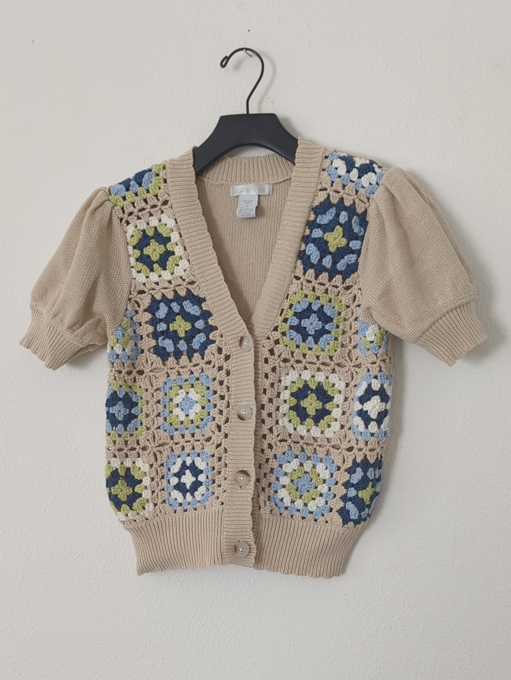 Crochet Front Beige Cardigan Top with Blue & Green Accents
